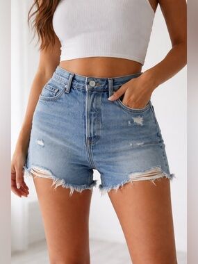 GRLFRND Jourdan Distressed High Rise Denim Cutoff Shorts Size 28